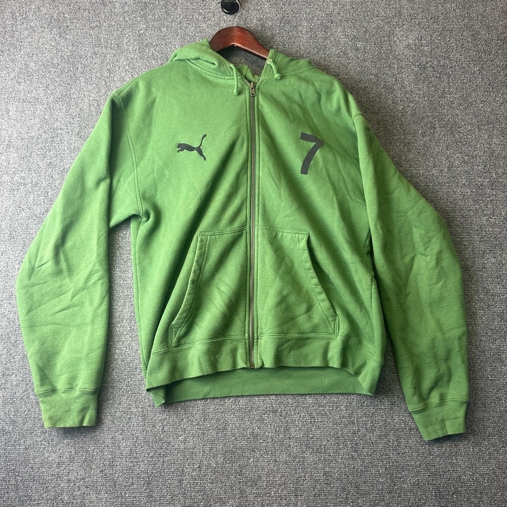Puma Hoodie Mens M Green Full Zip Fleece Hooded Pockets Number 7 Logo Sports